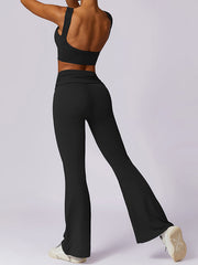 Skinny Sleeveless Backless Pleated Solid Color Round-Neck Tank&Pants Suits