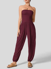 Loose Sleeveless Pleated Pockets Solid Color Tube Jumpsuits