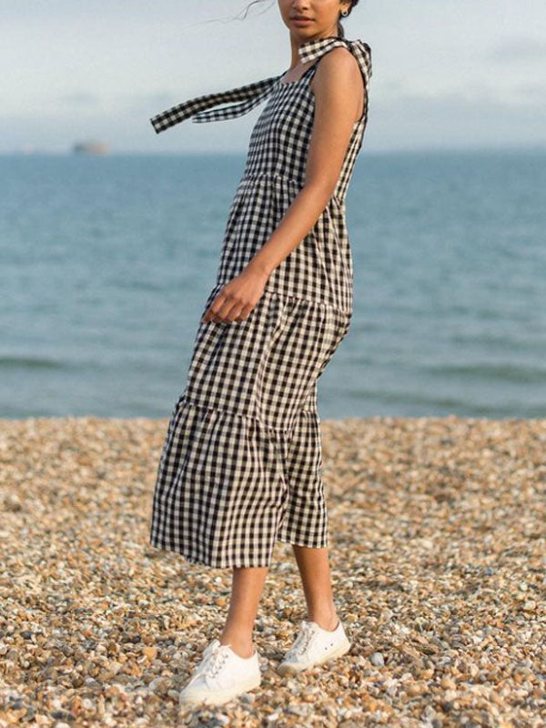 Beach Plaid Halter Women's Cotton Linen Dress