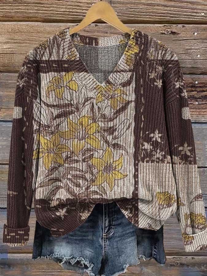 Women's Floral Print Casual V-Neck Pullover Sweater