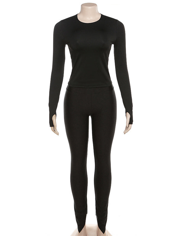 Long Sleeves Solid Color Round-Neck T-Shirts&Leggings Suits