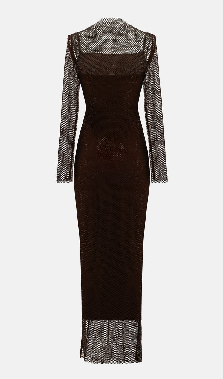 Mesh With Monochrome Lining  Maxi Dress In Coffee