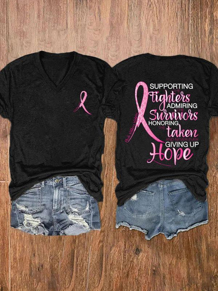 Women's Pink Month Print V-neck Casual T-Shirt