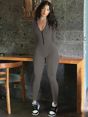 Skinny Wrap Solid Color Zipper Round-Neck Jumpsuits