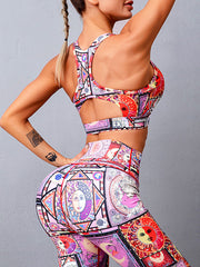 Fashion Floral Round-Neck High-Waisted Legging Fitness Suits