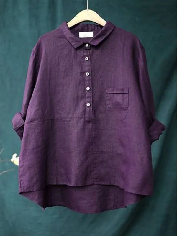 Round Neck Cotton And Linen Solid Color Top