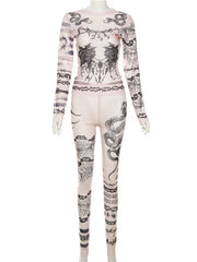 Long Sleeves Skinny Contrast Color Printed Round-Neck T-Shirts&Leggings Suits