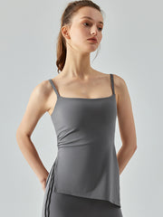 Drawstring Solid Color Split-Side Spaghetti-Neck Yoga Tops