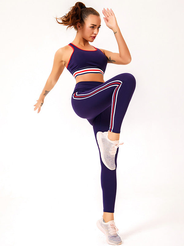 Contrast Color Striped Top Bra&Legging Fitness Suits