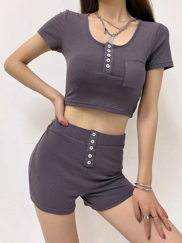 U-Neck Short Sleeve Top High-Waisted Shorts Button Casual Suit