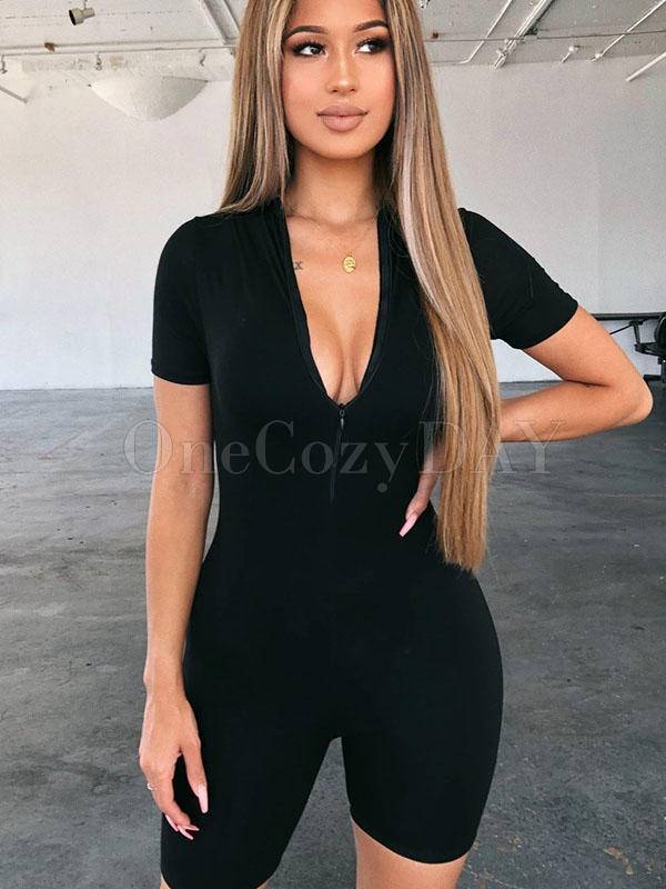 Sexy Wrap Solid Color Zipper Rompers