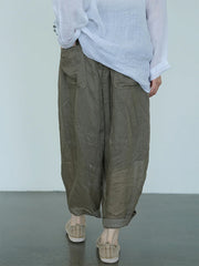 Solid Color Lace-up Cotton And Linen Pants