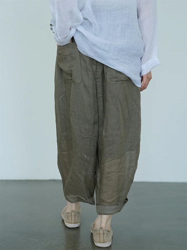 Solid Color Lace-up Cotton And Linen Pants