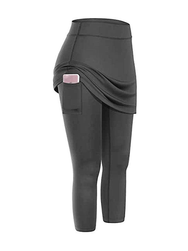 False Two Skinny Yoga Bottoms Pockets Solid Color Cropped Trousers