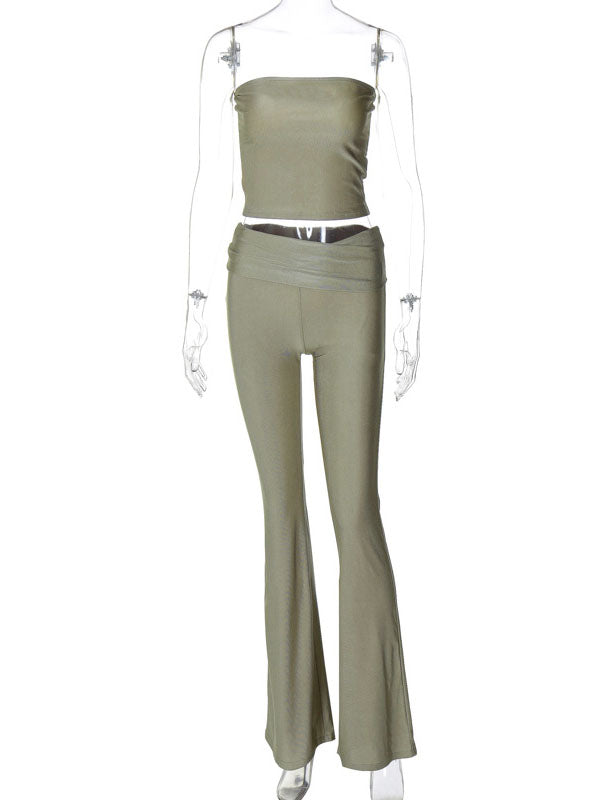 Skinny Sleeveless Solid Color Tube Tank&Flared Trousers Suits