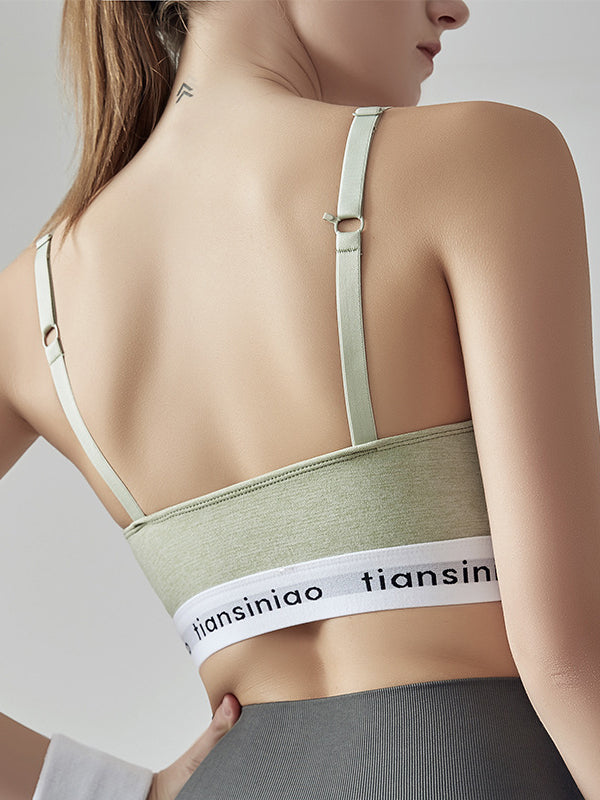 Back Cross Letter Print Wrap Solid Color Spaghetti-Neck Sports Bra