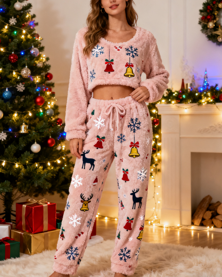 Christmas Fuzzy Loungewear Set Cozy Long Sleeve Pants Set