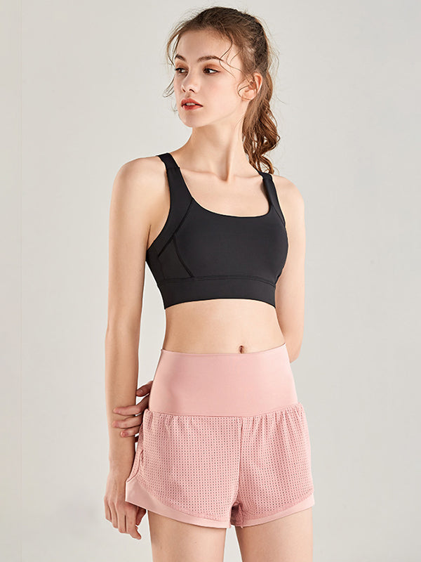 False Two Wrap Yoga Bottoms High-Waisted Pockets Solid Color Shorts