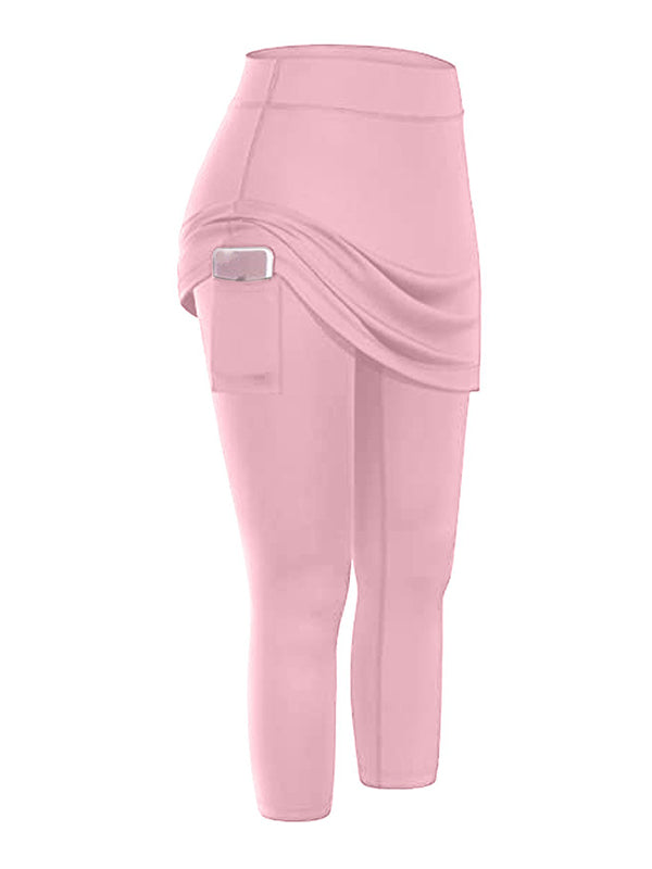 False Two Skinny Yoga Bottoms Pockets Solid Color Cropped Trousers