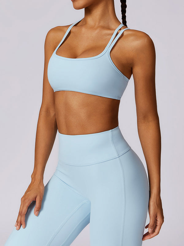 Wrap Back Cross Hollow Solid Color Spaghetti-Neck Sports Bra