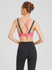 Back Cross Hollow Letter Print Solid Color Spaghetti-Neck Sports Bra