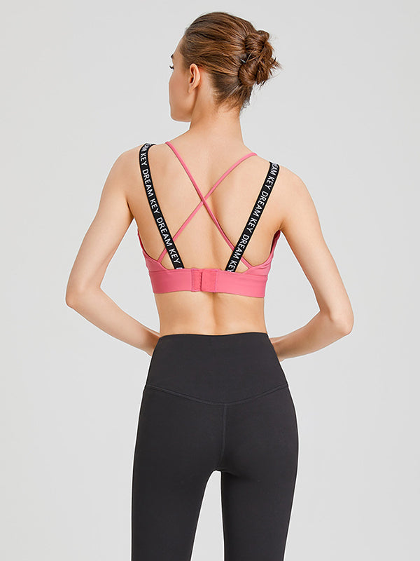 Back Cross Hollow Letter Print Solid Color Spaghetti-Neck Sports Bra