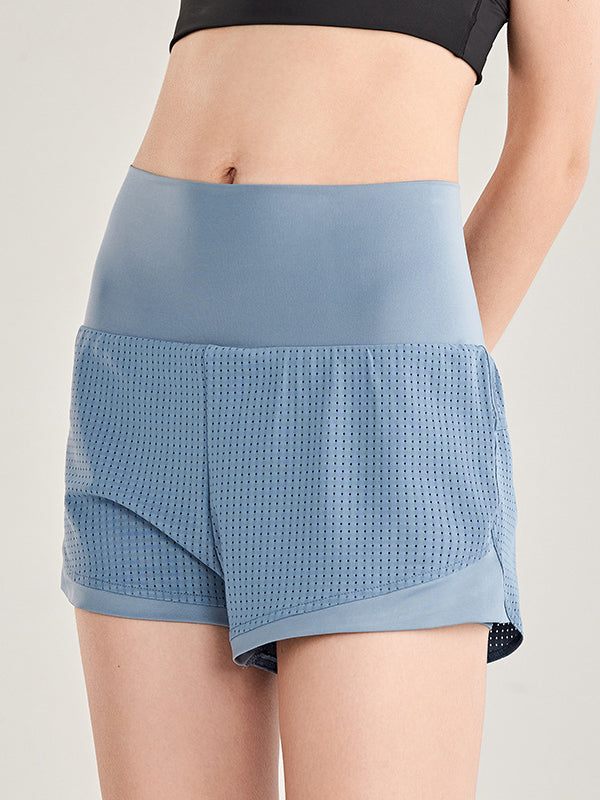 False Two Wrap Yoga Bottoms High-Waisted Pockets Solid Color Shorts