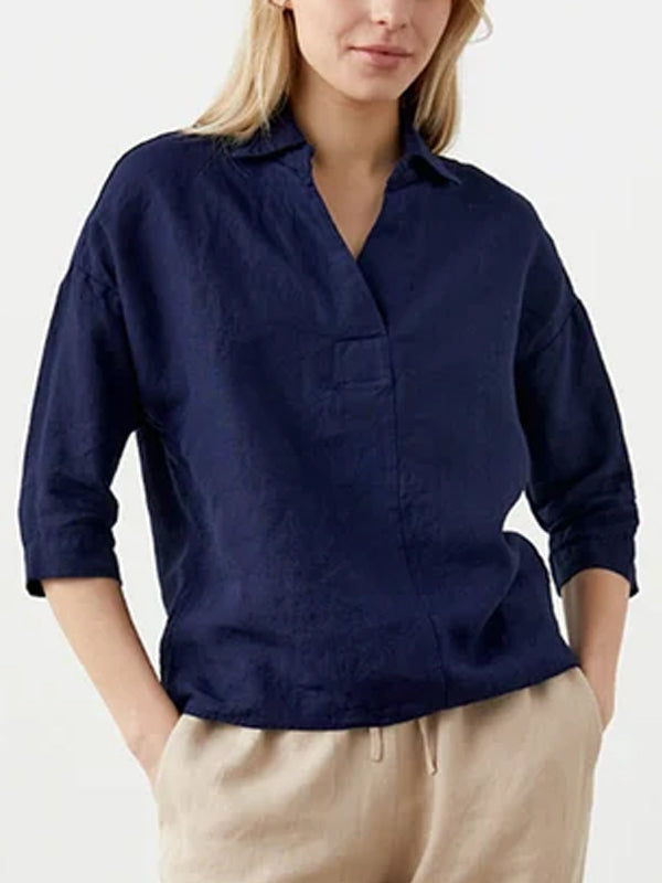 Lapel Cotton And Linen Solid Color Top