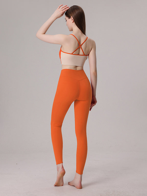 Back Cross Hollow Split-Joint Spaghetti-Neck Sports Bra&Leggings Suits