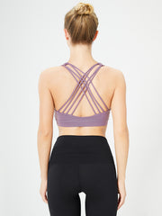 Back Cross Wrap Hollow Solid Color Spaghetti-Neck Sports Bra