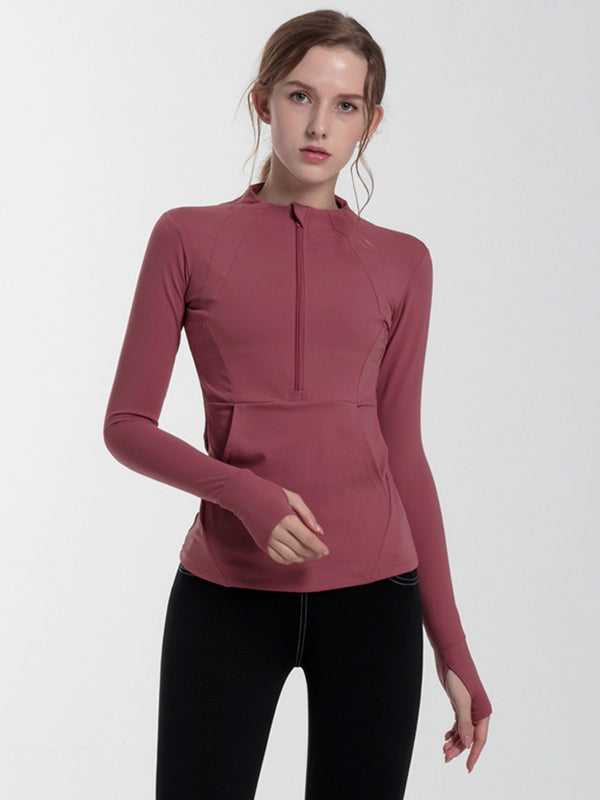 Solid Color Breathable Quick-Dry Zipper Collar Long Sleeves Wrap Sport Tee