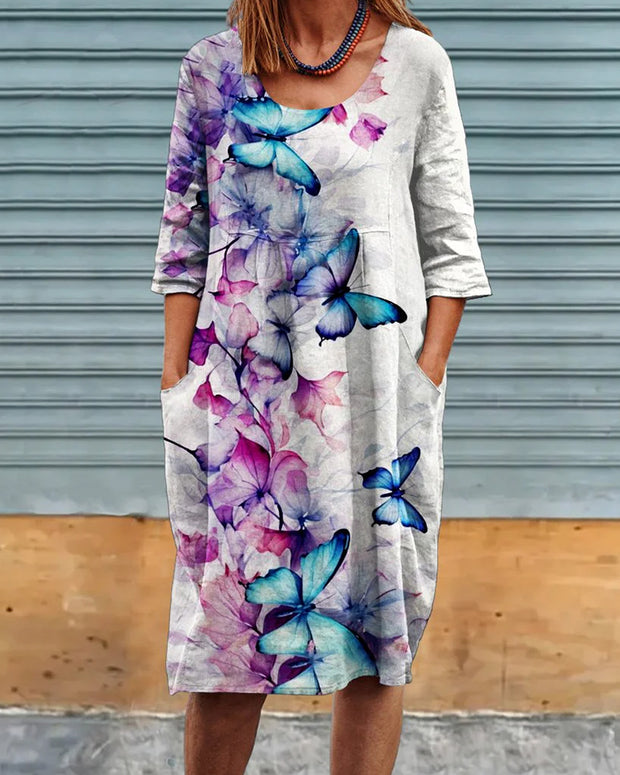 Butterfly Gradient Printed Round Neck Cotton Linen Pocket Dress