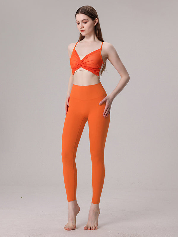 Back Cross Hollow Split-Joint Spaghetti-Neck Sports Bra&Leggings Suits