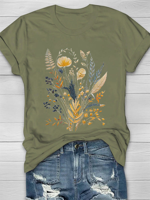 Vintage Wild Flowers Printed Crew Neck Women's T-shirt