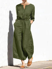 Round Neck Cotton And Linen Solid Color Long-Sleeved Jumpsuit