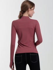 Solid Color Breathable Quick-Dry Zipper Collar Long Sleeves Wrap Sport Tee