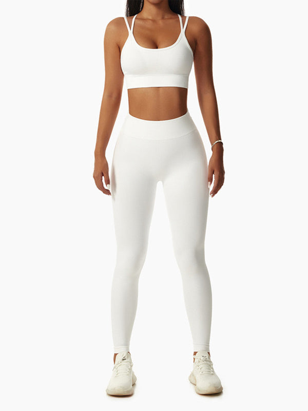 Skinny Wrap High-Waisted Hollow Bra&Leggings Solid Color Spaghetti-Neck Suits