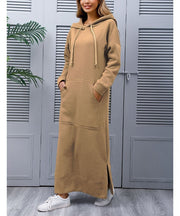 Autumn Winter New Loose Velvet Casual Fashion Big Pocket Knitted Hooded Maxi Dress