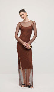 Mesh With Monochrome Lining  Maxi Dress In Coffee