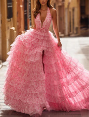 High-Grade Light Yarn Backless Ruffle Sleeveless Slim Fit Irregular Dress