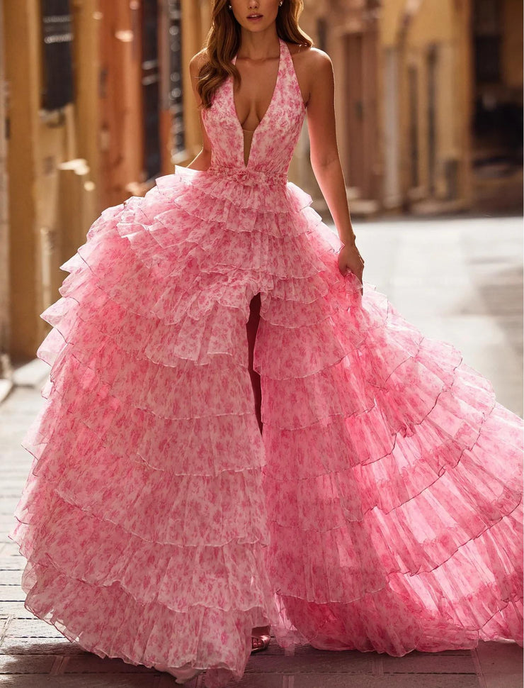 High-Grade Light Yarn Backless Ruffle Sleeveless Slim Fit Irregular Dress