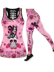 Printed Pink Skull Hollowed Vest&Leggings Sports Suits