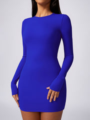 Bodycon Long Sleeves Backless Pleated Solid Color Round-Neck Mini Dresses