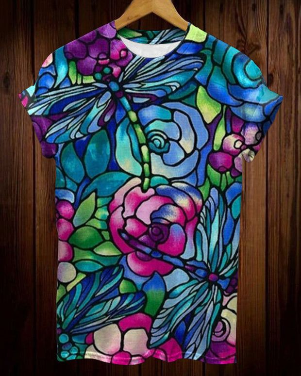 Colorful Vintage Glazed Rose Dragonfly Print Round Neck Short-Sleeved T-Shirt