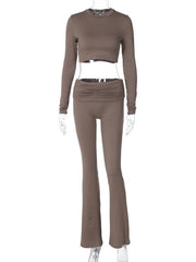 Cropped Skinny Pleated Solid Color Round-Neck Tee&Pants Suits