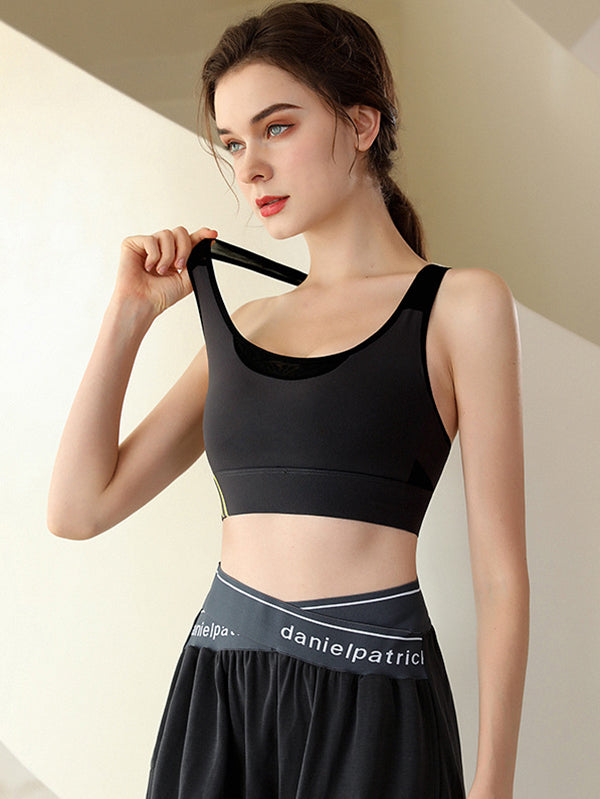 Color-Block Hollow Printed Wrap Spaghetti-Neck Sports Bra