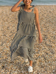 Beach Plaid Halter Women's Cotton Linen Dress