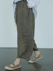 Solid Color Lace-up Cotton And Linen Pants