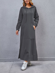 Autumn Winter New Loose Velvet Casual Fashion Big Pocket Knitted Hooded Maxi Dress