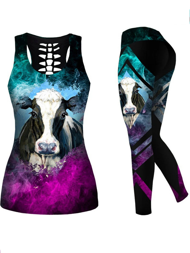 Animal Printed Breathable Hollowed Vest&Leggings Sports Suits